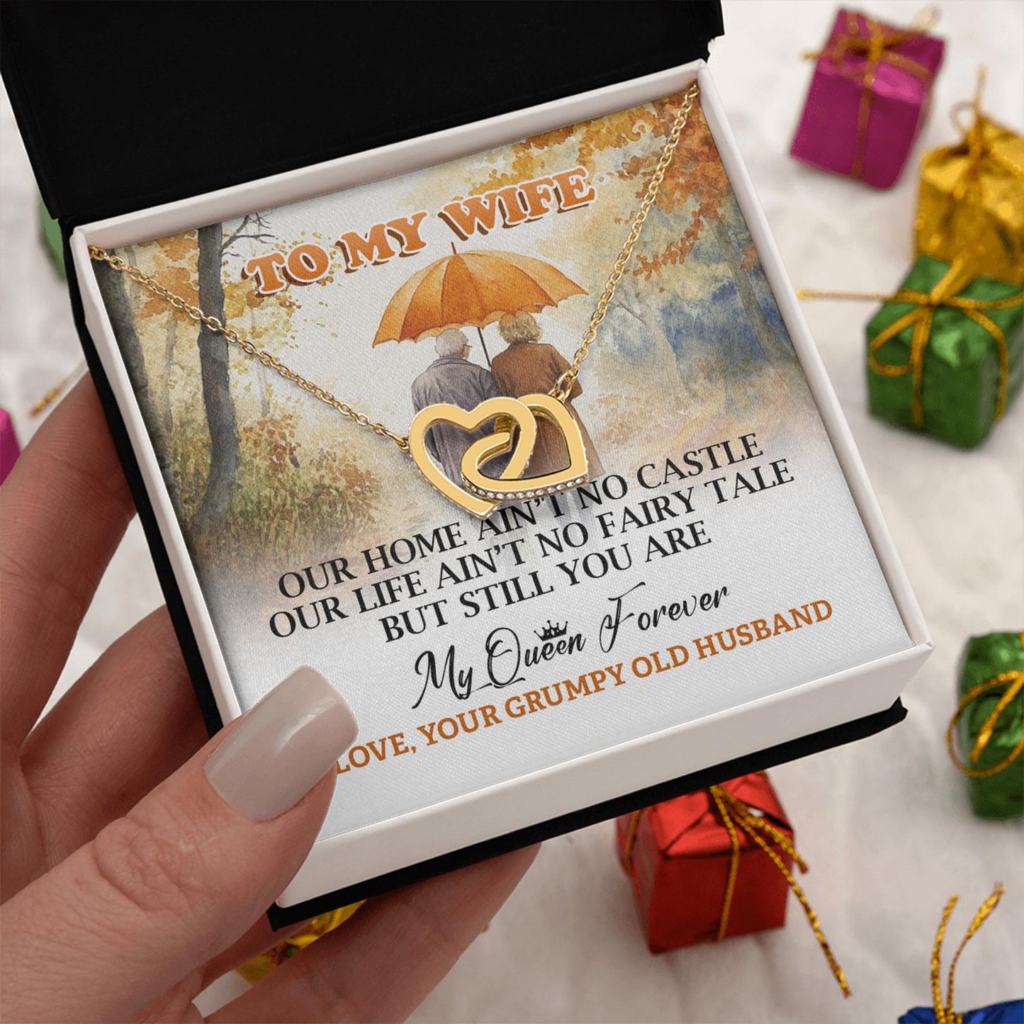 NetecomPersonalized Wife Necklace, Interlocking Heart Jewelry with Autumn Card, Romantic Gift from Husband for Anniversary or Special Occasion
