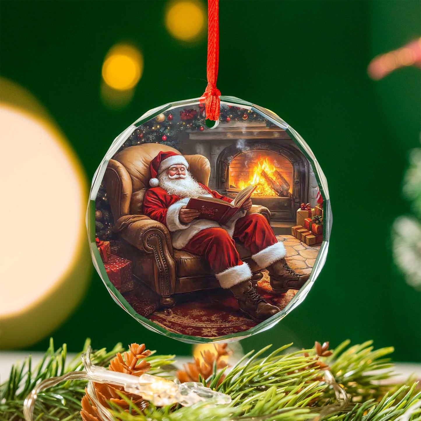 Netecom Santa Reading Naughty or Nice List Glass Ornament – Armchair & Fireplace Scene, Unique Christmas Keepsake, 3-inch