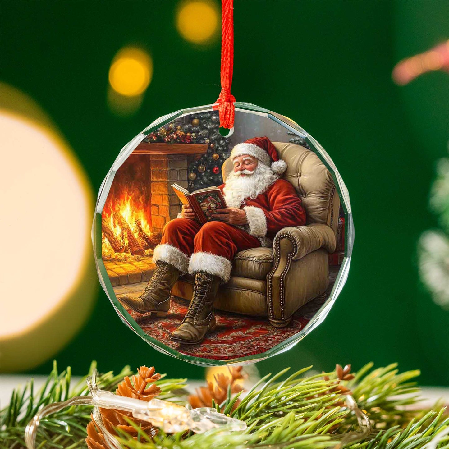 Netecom Cozy Santa Reading in Armchair Glass Ornament – Traditional Christmas Decor, Fireplace Scene Holiday Gift, 3-inch