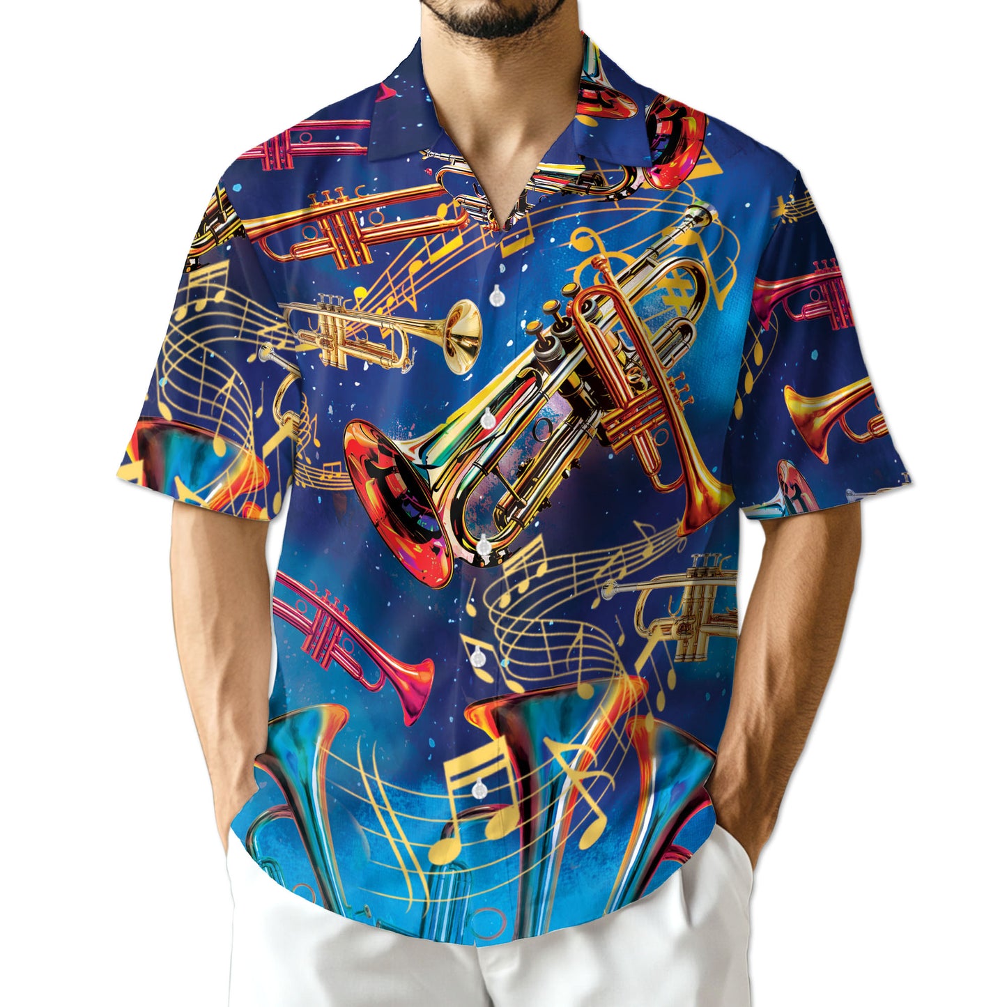 Netecom Retro Trumpet Pattern Hawaiian Shirt for Men, Musical Instruments Button Down Summer Beach Short Sleeve Shirts