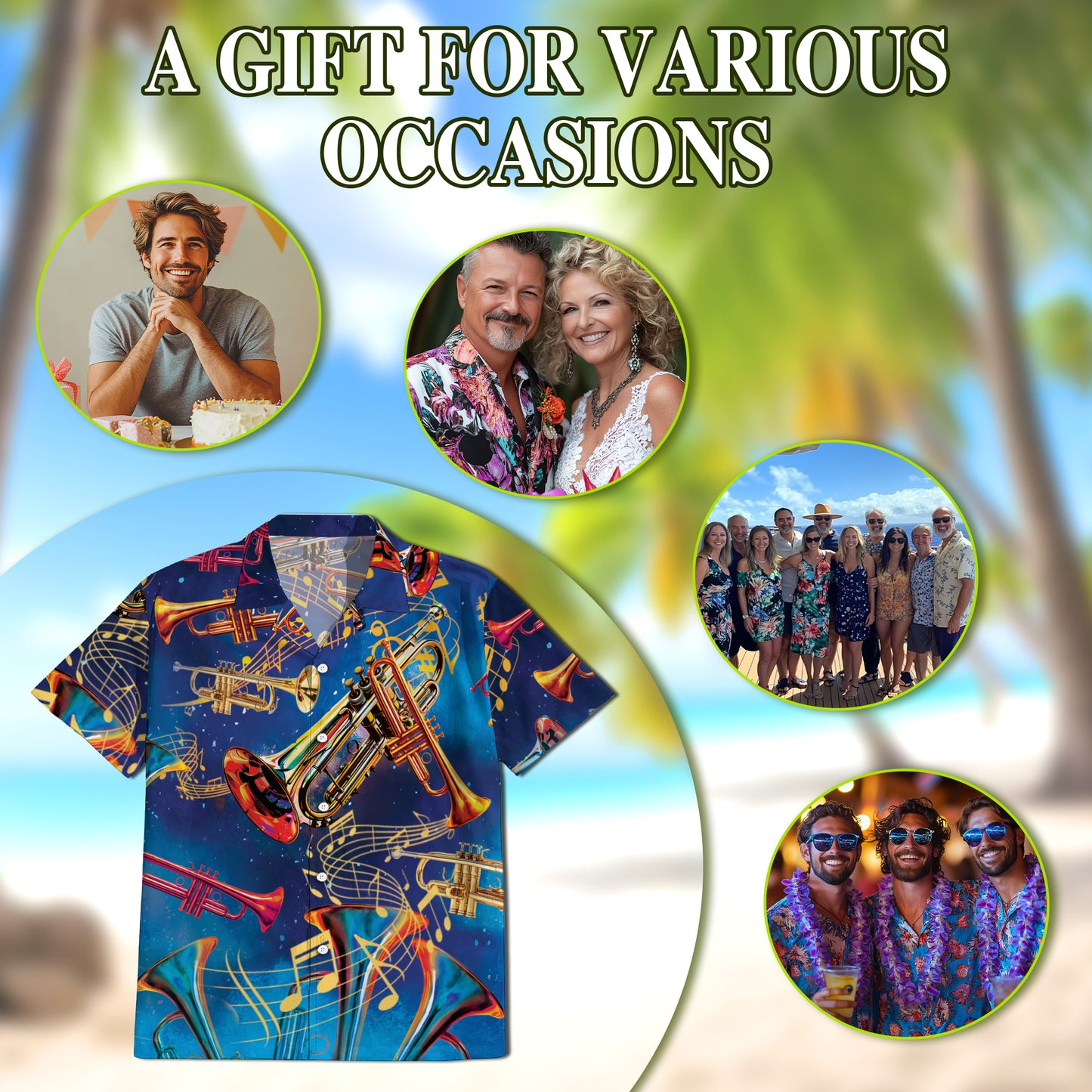 Netecom Retro Trumpet Pattern Hawaiian Shirt for Men, Musical Instruments Button Down Summer Beach Short Sleeve Shirts
