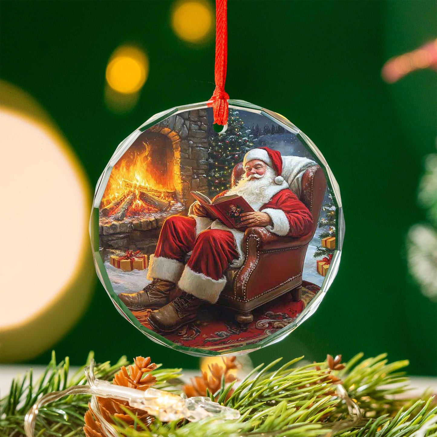 Netecom Storytelling Santa Glass Ornament – Reading by the Fireplace, Classic Christmas Tree Decoration & Gift, 3-inch