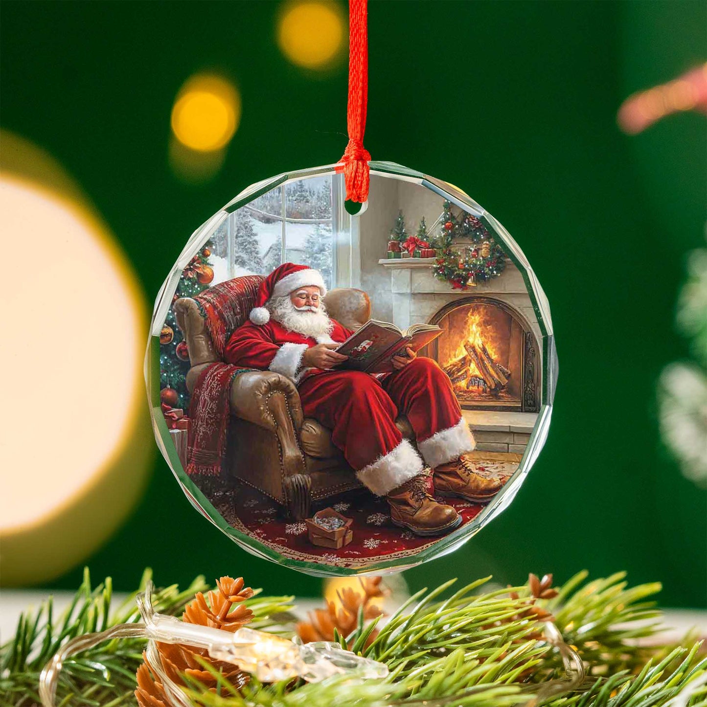 Netecom Santa's Quiet Moment Glass Ornament – Reading in Armchair by Fireplace, Classic Christmas Tree Decoration, 3-inch
