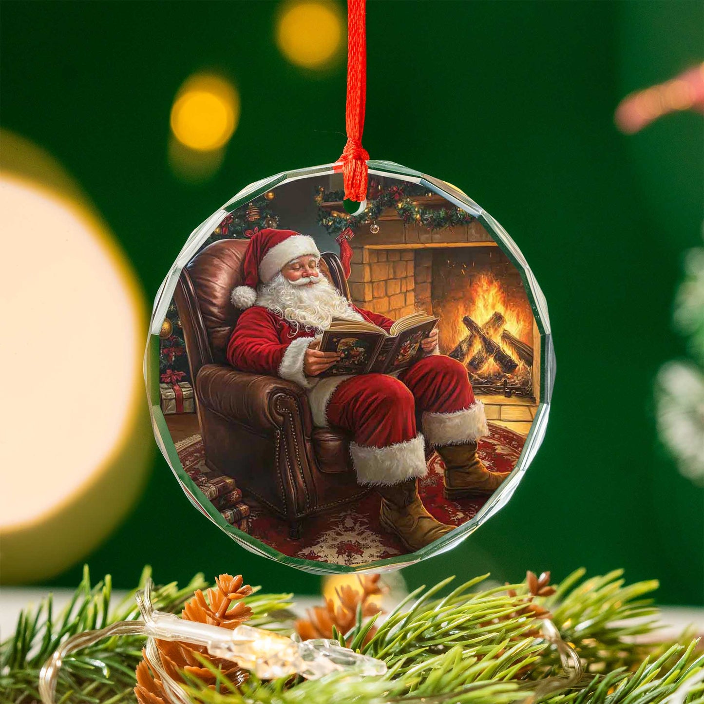 Netecom Traditional Santa Reading Book Ornament – Fireplace & Armchair Scene, Unique Glass Christmas Tree Decor, 3-inch