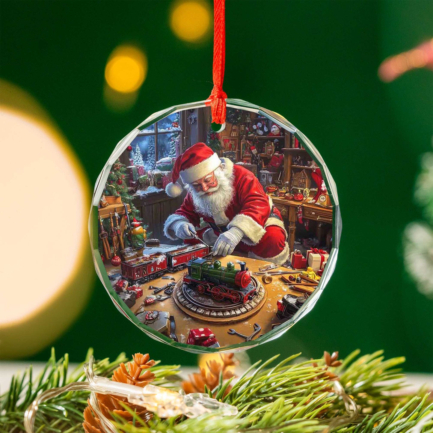 Netecom Santa Claus Assembling Toy Train Glass Ornament – Detailed Christmas Workshop Decor, Holiday Keepsake Gift, 3-inch