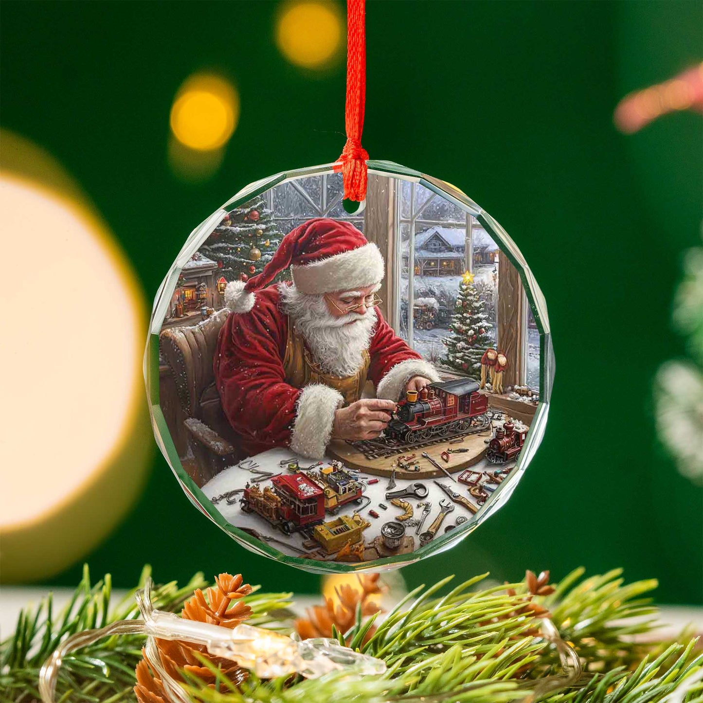 Netecom Santa's Toy Train Workshop Glass Ornament – Christmas Tree Decoration, Ideal Gift for Train Lovers, 3-inch