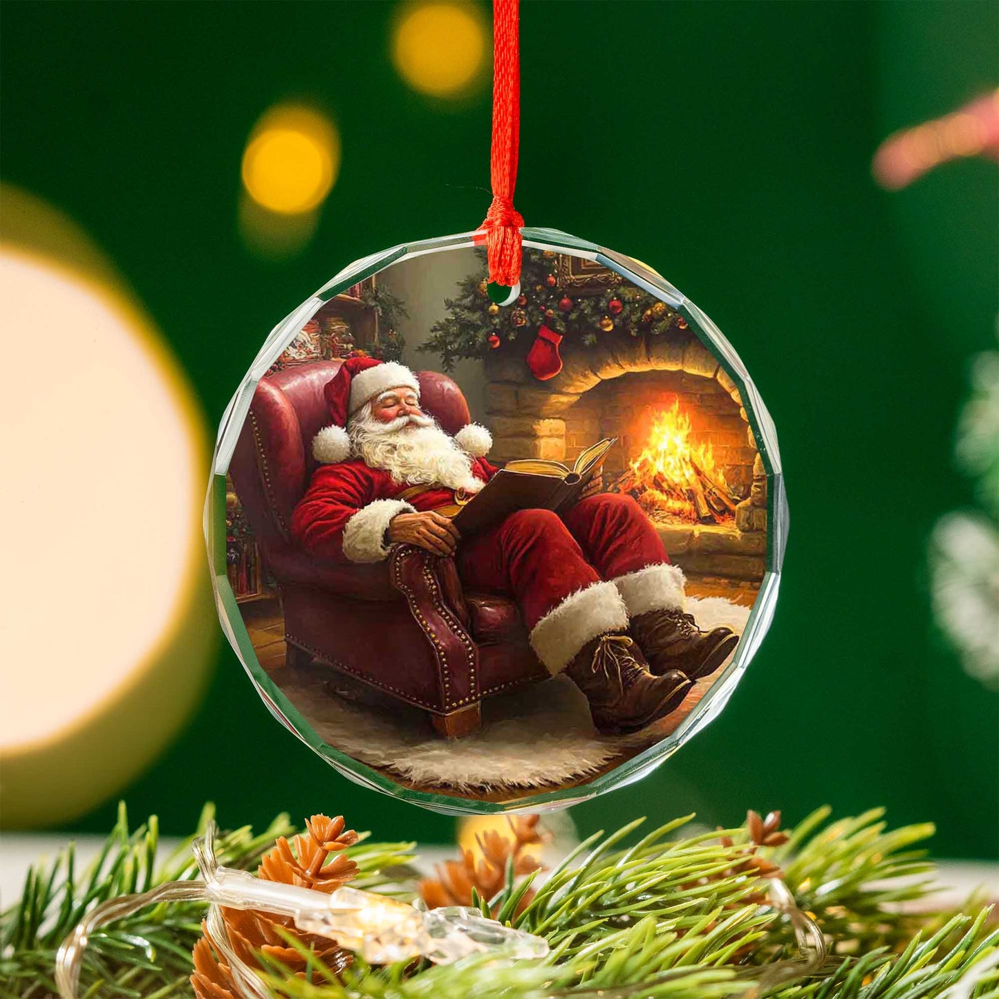 Netecom Santa Claus Asleep by Fireplace Glass Ornament – Cozy Armchair Scene, Christmas Tree Decor & Keepsake Gift, 3-inch
