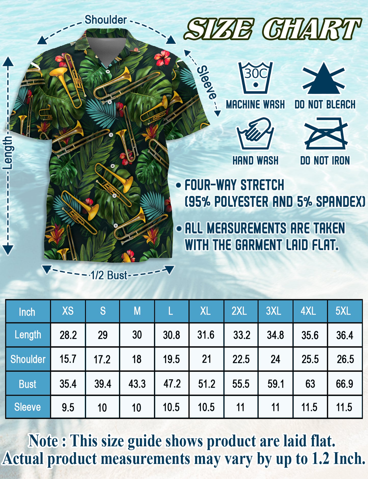 Netecom Tropical Trombone Pattern Hawaiian Shirt for Men, Musical Instruments Button Down Summer Beach Shirts