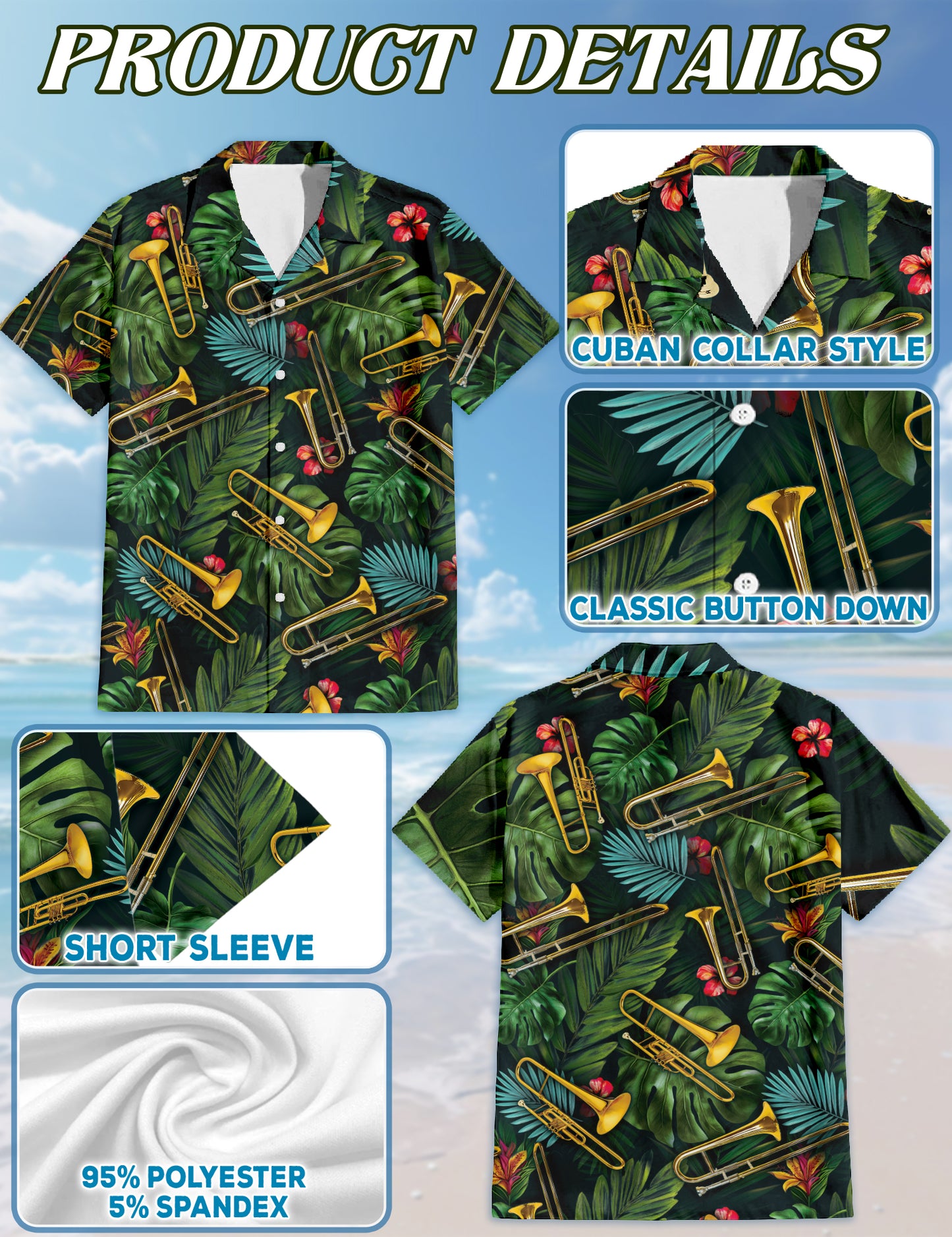 Netecom Tropical Trombone Pattern Hawaiian Shirt for Men, Musical Instruments Button Down Summer Beach Shirts