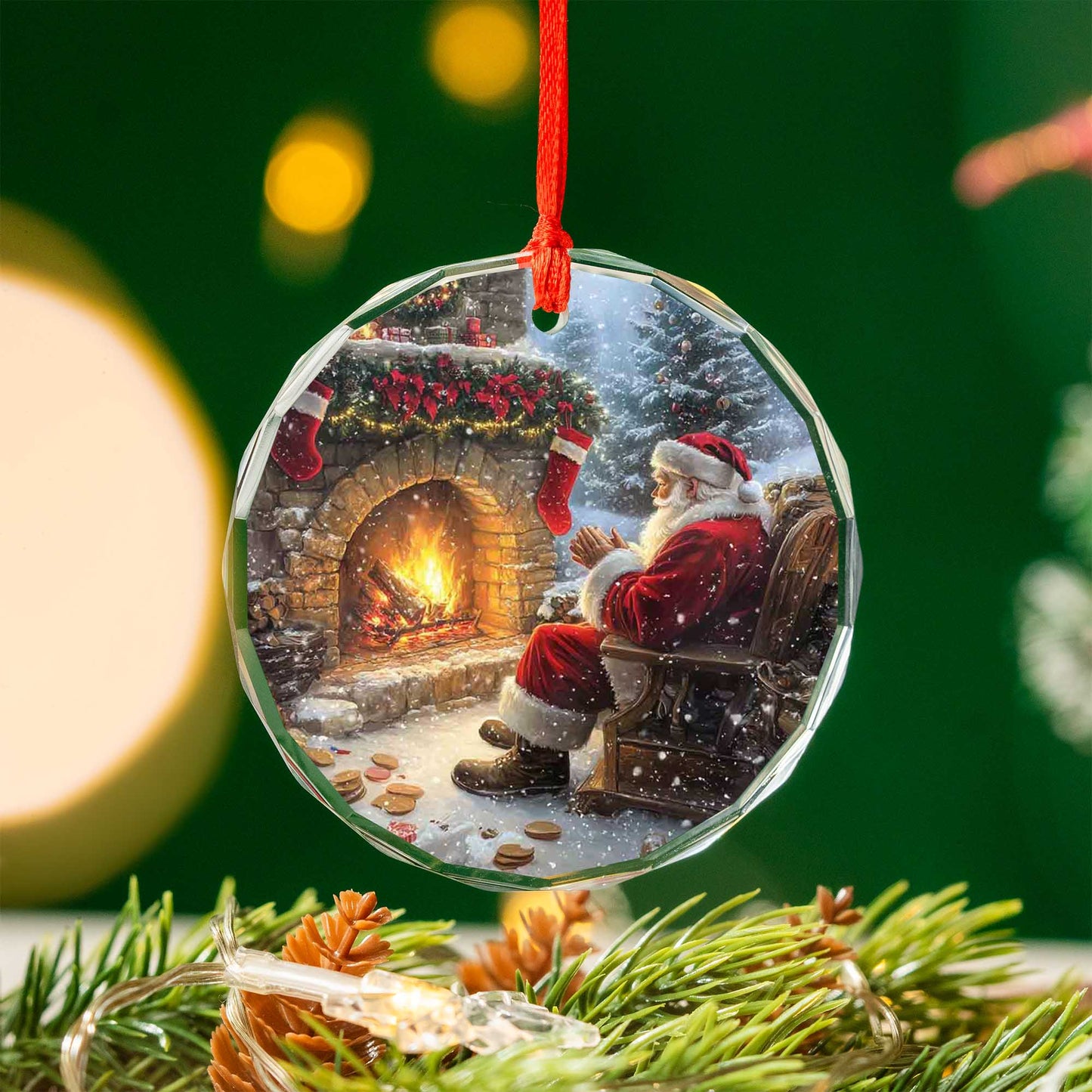 Netecom Santa Warming Hands by Fireplace Glass Ornament – Cozy Christmas Eve Scene, Stockings & Cookies Decor, 3-inch