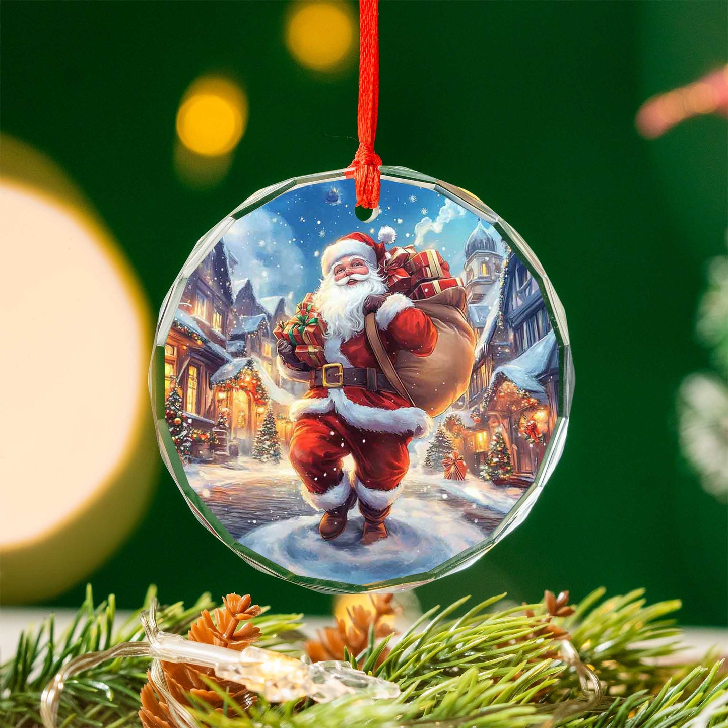 Netecom Jolly Santa Delivering Gifts Glass Ornament – Snowy Christmas Village Scene, Holiday Keepsake Gift, 3-inch