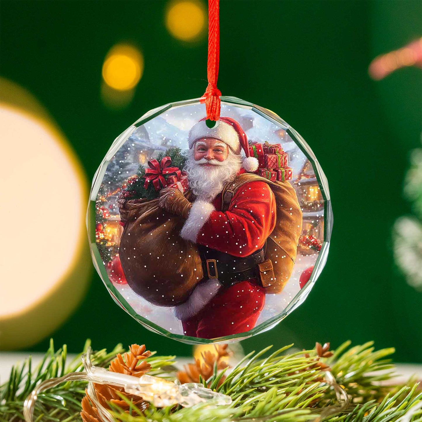 Netecom Jolly Santa Delivering Gifts Glass Ornament – Full Sack & Snowy Village Scene, Holiday Keepsake Gift, 3-inch