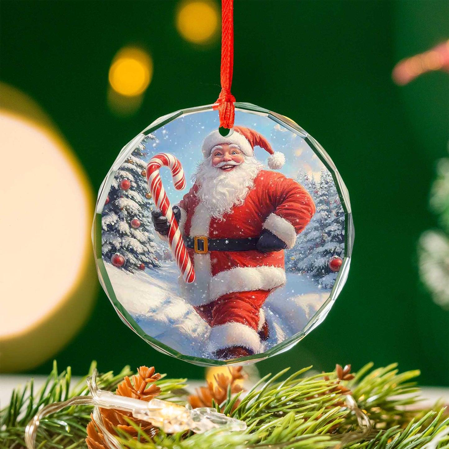 Netecom Jolly Santa with Candy Cane Glass Ornament – Festive Snowy Scene, Christmas Tree Decor & Holiday Keepsake, 3-inch