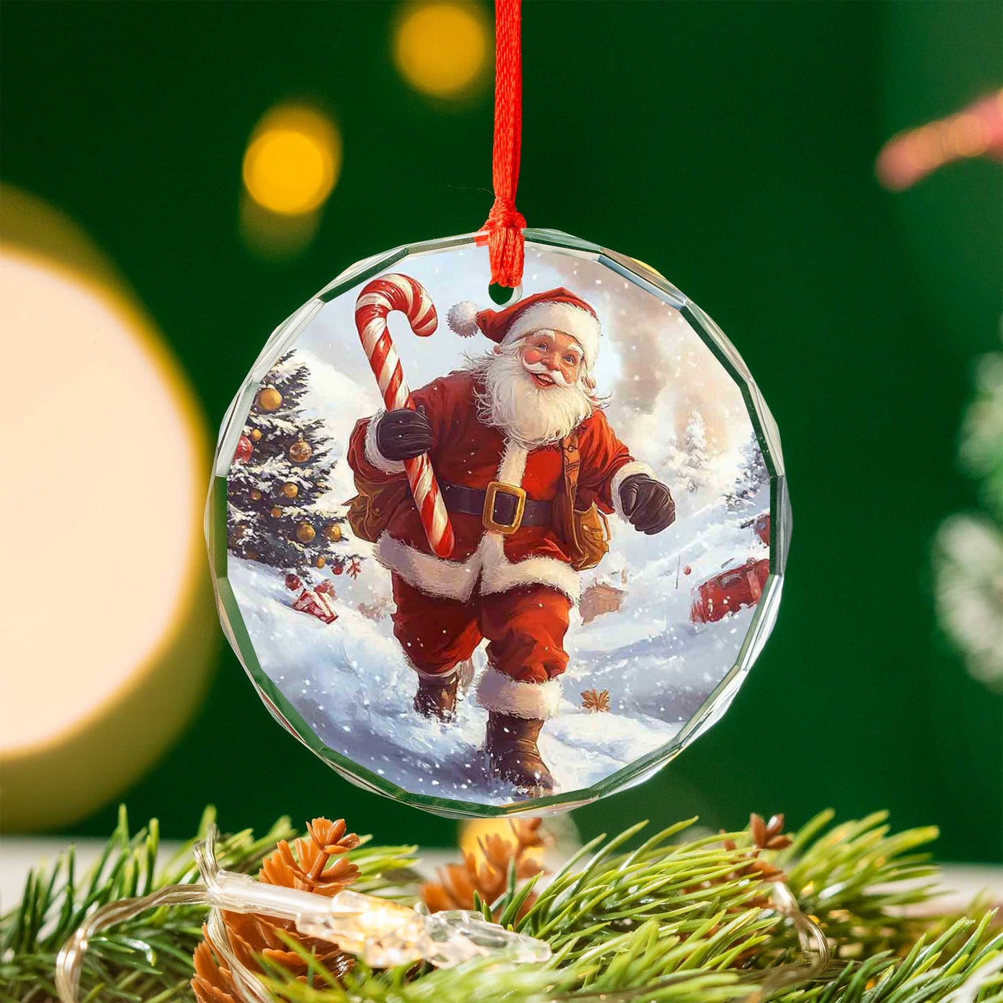 Netecom Running Santa with Candy Cane Glass Ornament – Cheerful Snowy Scene, Christmas Tree Decor & Holiday Gift, 3-inch