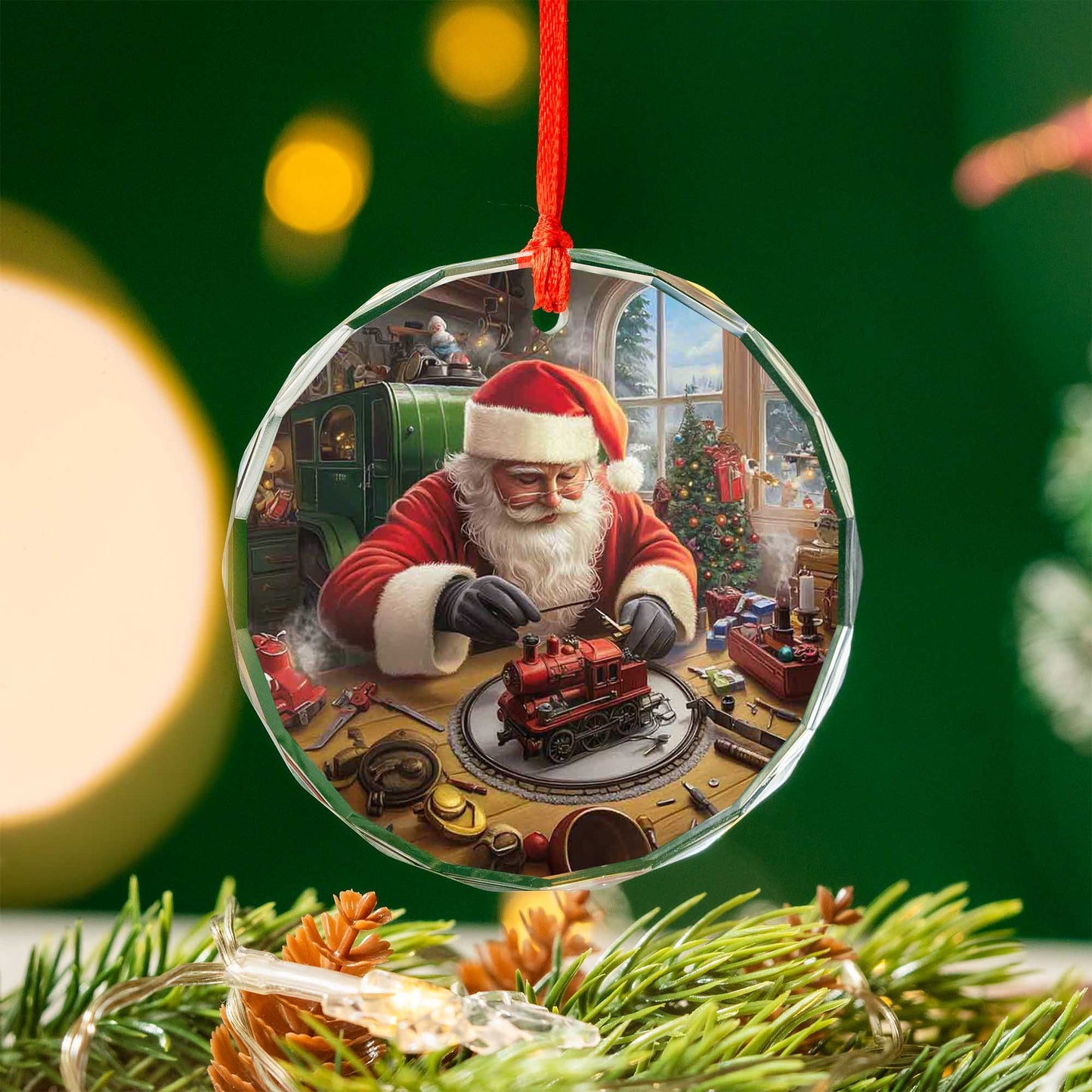 Netecom Santa Claus Making Toy Train Glass Ornament – Christmas Tree Decoration, Holiday Keepsake