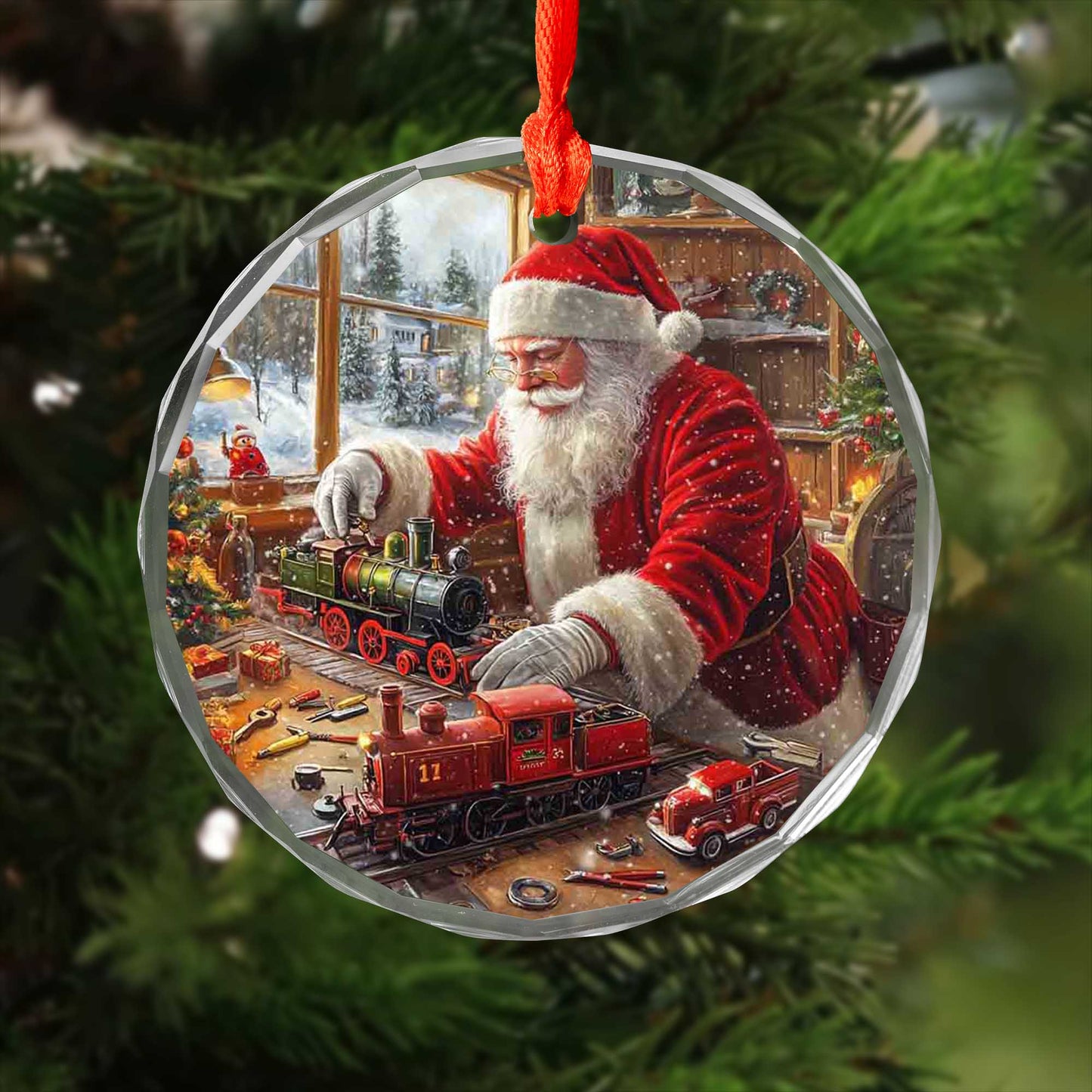 Netecom Santa Claus with Toy Train Glass Ornament – Christmas Tree Decoration, Festive Holiday Keepsake