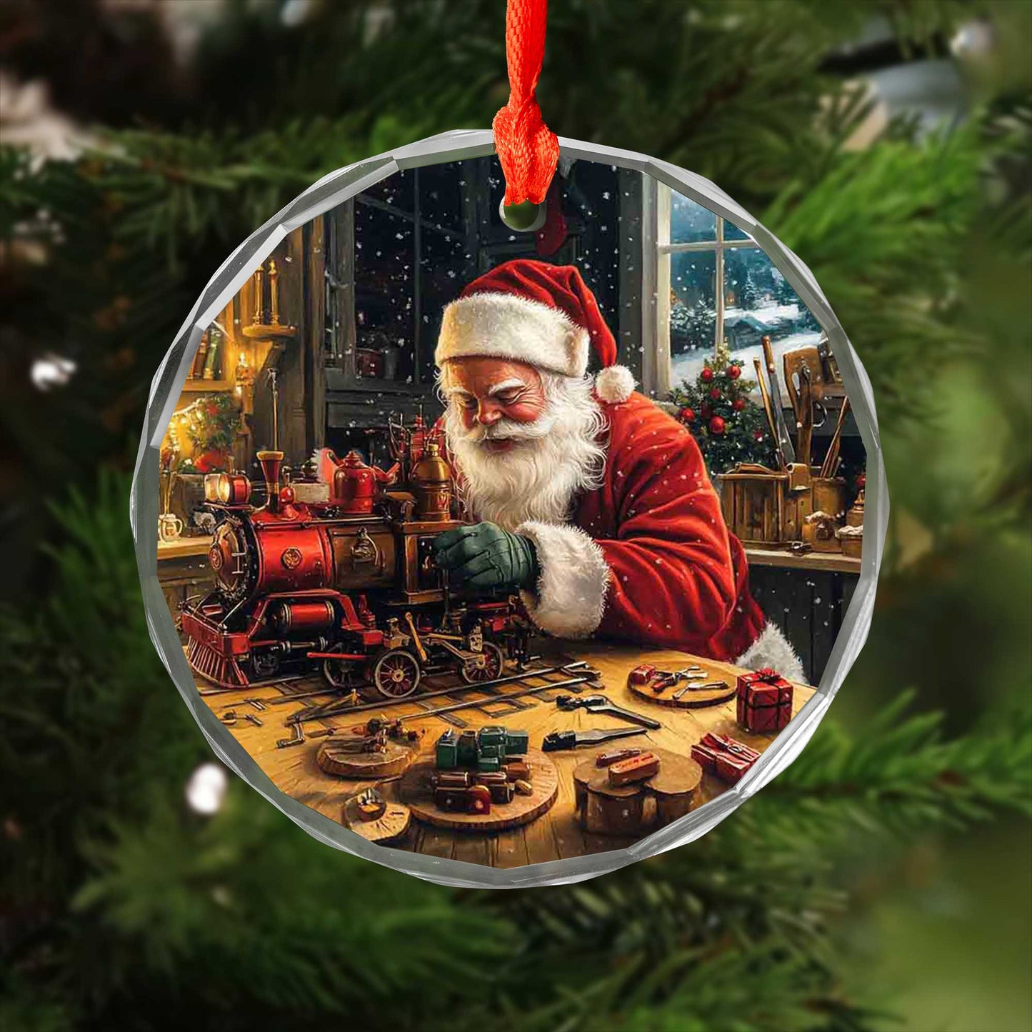 Netecom Santa Claus Building Train Glass Ornament – Holiday Tree Decoration, Perfect Christmas Keepsake
