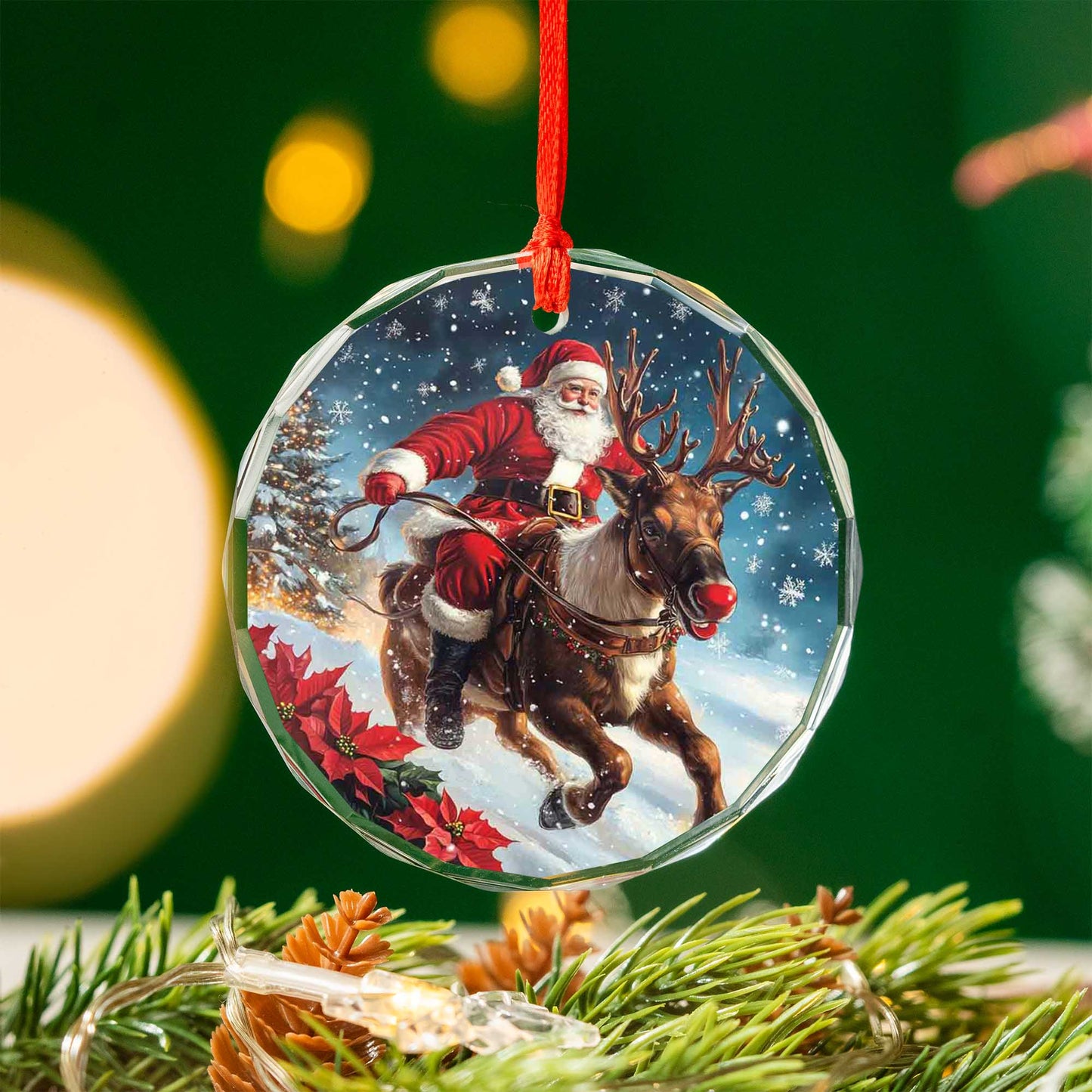Netecom Santa Claus Riding Reindeer Glass Ornament – Festive Christmas Tree Decoration, Holiday Keepsake, 3 in