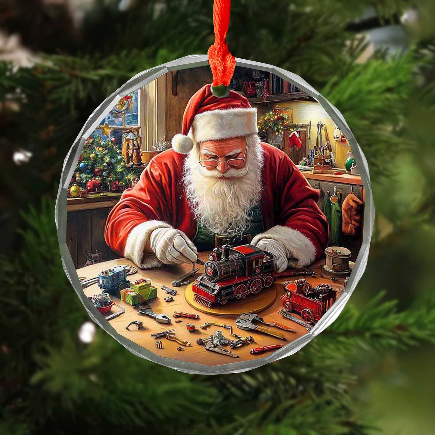 Netecom Santa Claus and Toy Train Glass Ornament – Christmas Tree Decor, Holiday Keepsake for the Season