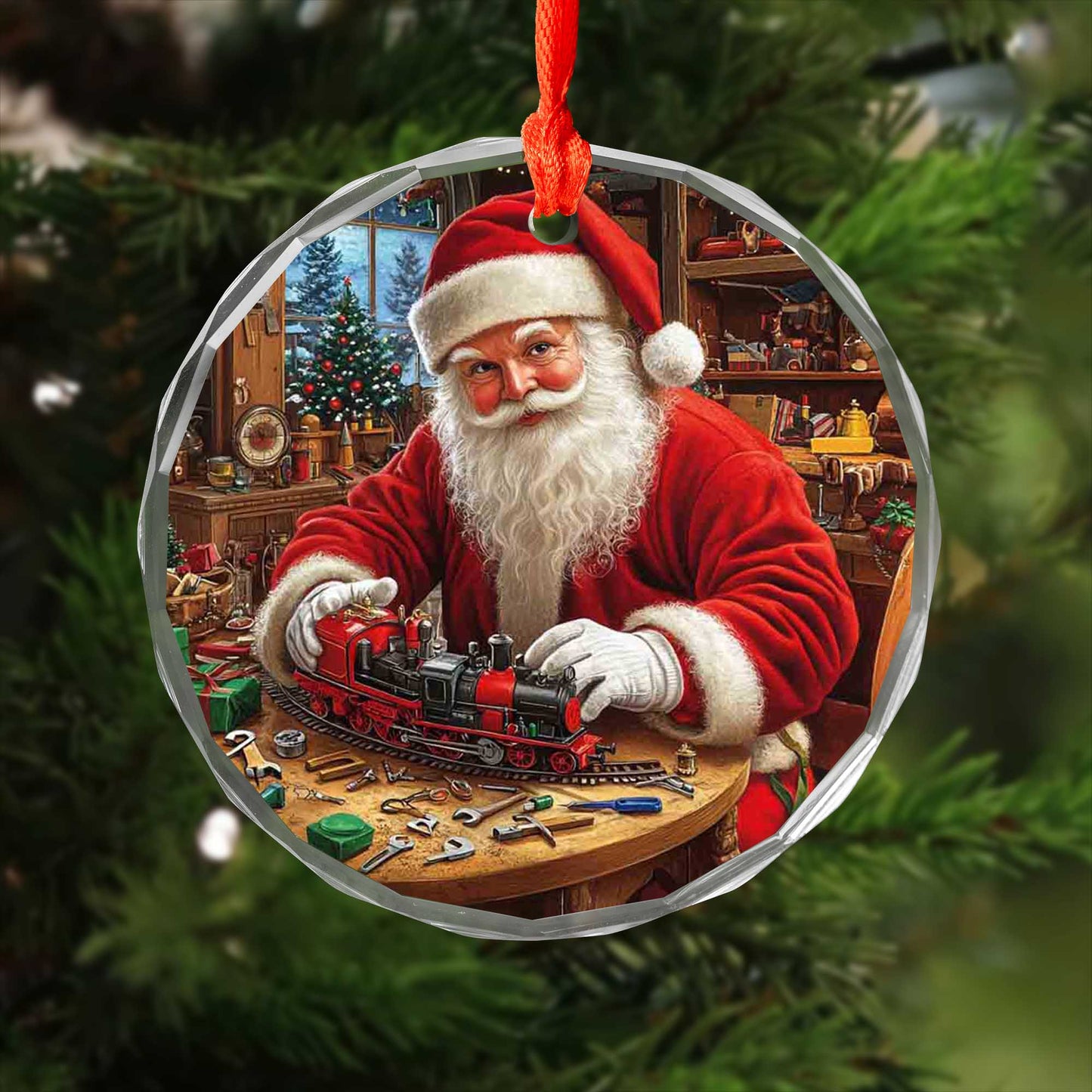 Netecom Santa Claus with Toy Train Glass Ornament – Christmas Tree Decoration, Festive Holiday Keepsake