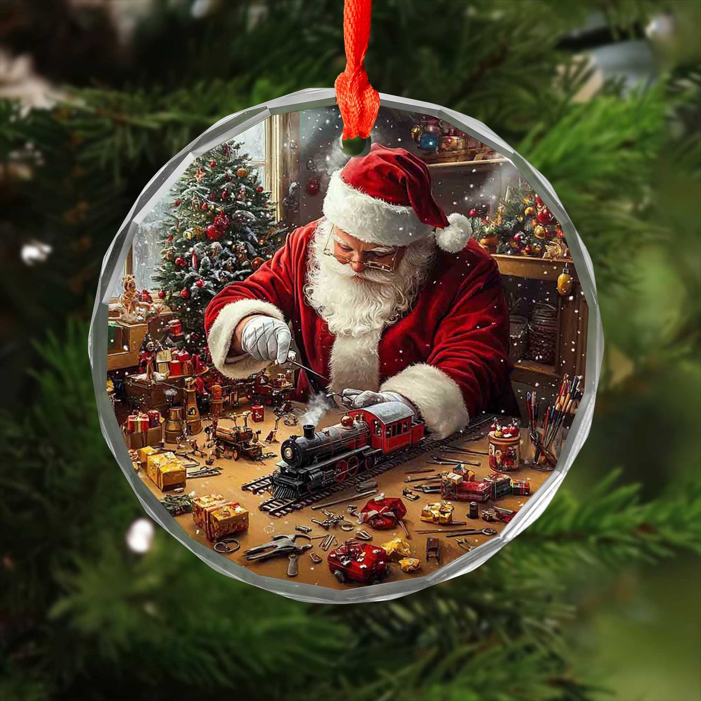 Netecom Santa Claus with Christmas Gifts and Toy Train Glass Ornament – Christmas Tree Decoration