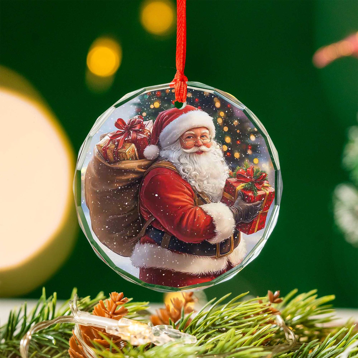 Netecom Santa Claus Carrying Christmas Gifts Glass Ornament – Holiday Tree Decoration, Festive Keepsake