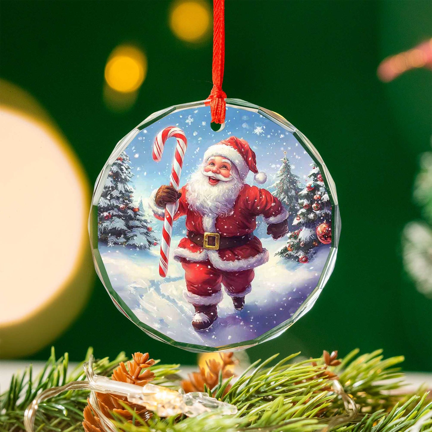 Netecom Santa Claus Holding Candy Cane Glass Ornament – Festive Christmas Tree Decoration, Seasonal Keepsake