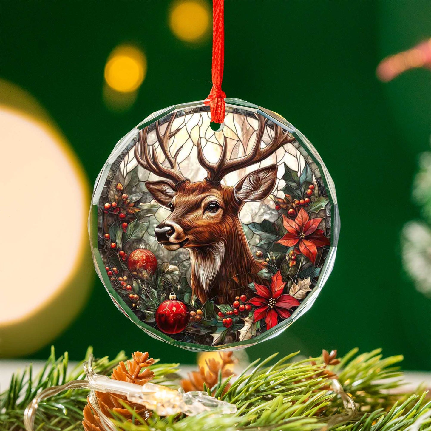Netecom Reindeer in Stained Glass Christmas Ornament – Decorative Tree Ornament, Holiday Keepsake
