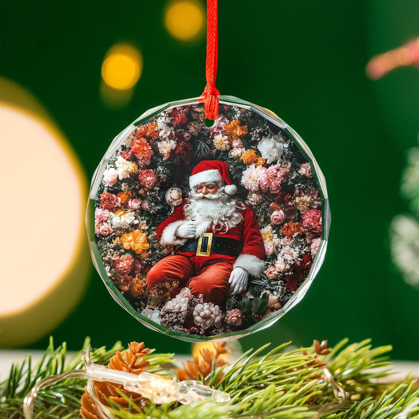 Netecom Santa Claus Surrounded by Flowers Glass Ornament – Christmas Tree Decoration, 3-Inch Holiday Keepsake