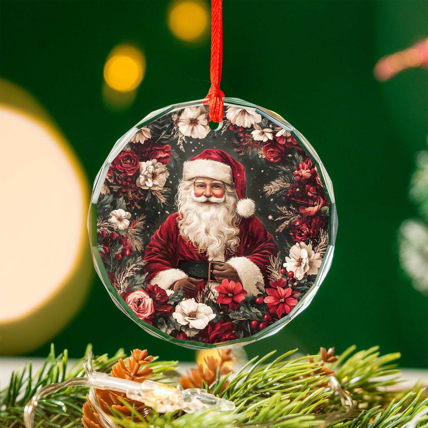 Netecom Santa Claus in Floral Christmas Glass Ornament – Festive Tree Decoration, 3-Inch Holiday Keepsake