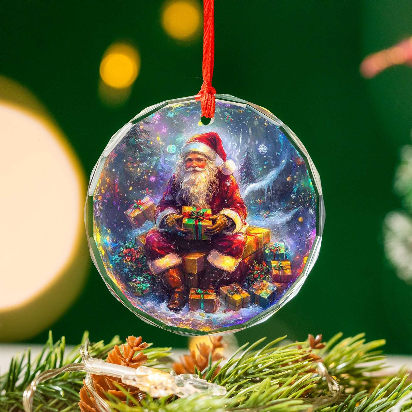 Netecom Santa Claus Sitting with Gifts Glass Ornament – Christmas Tree Decoration, Holiday Keepsake, 3 in