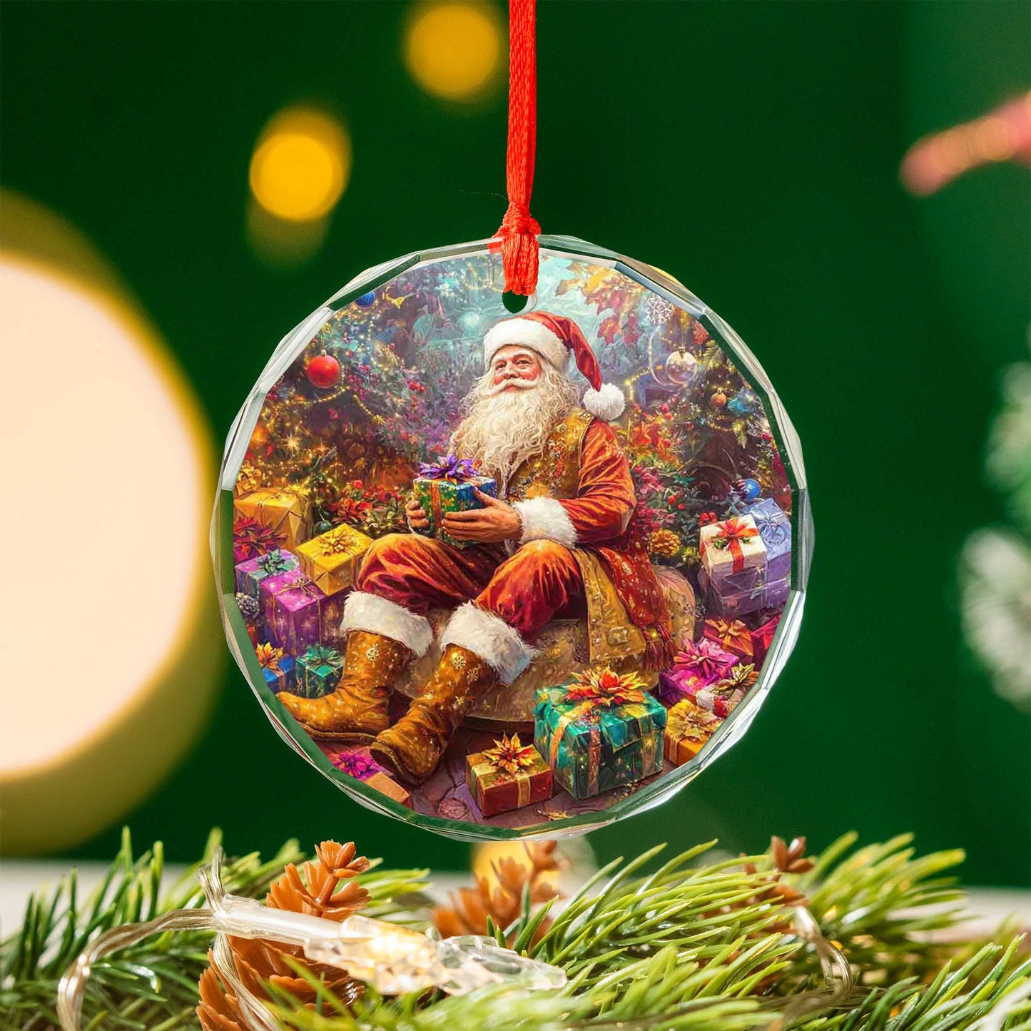 Netecom Santa Claus Surrounded by Gifts Glass Ornament – Christmas Tree Decoration, 3-Inch Holiday Keepsake