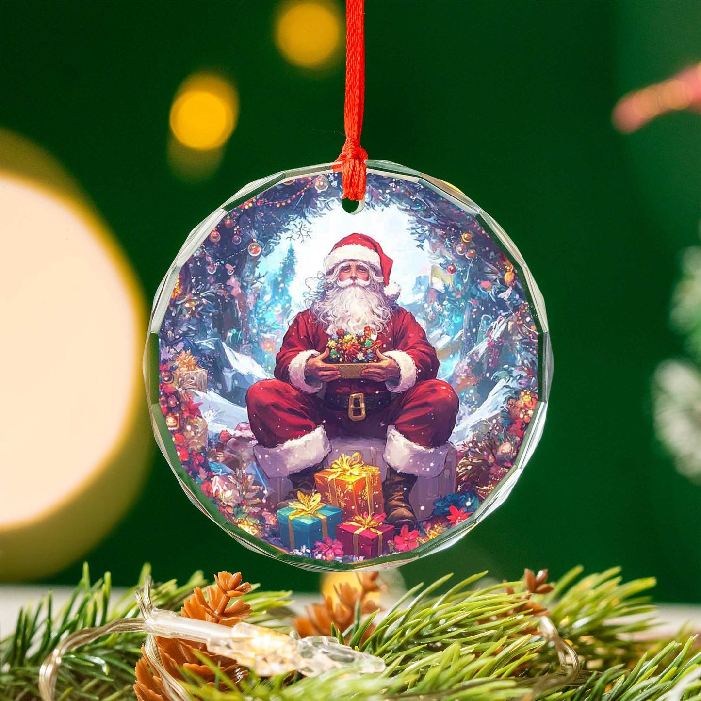 Netecom Santa Claus with Christmas Gifts Glass Ornament – Festive Tree Decoration, 3-Inch Holiday Keepsake