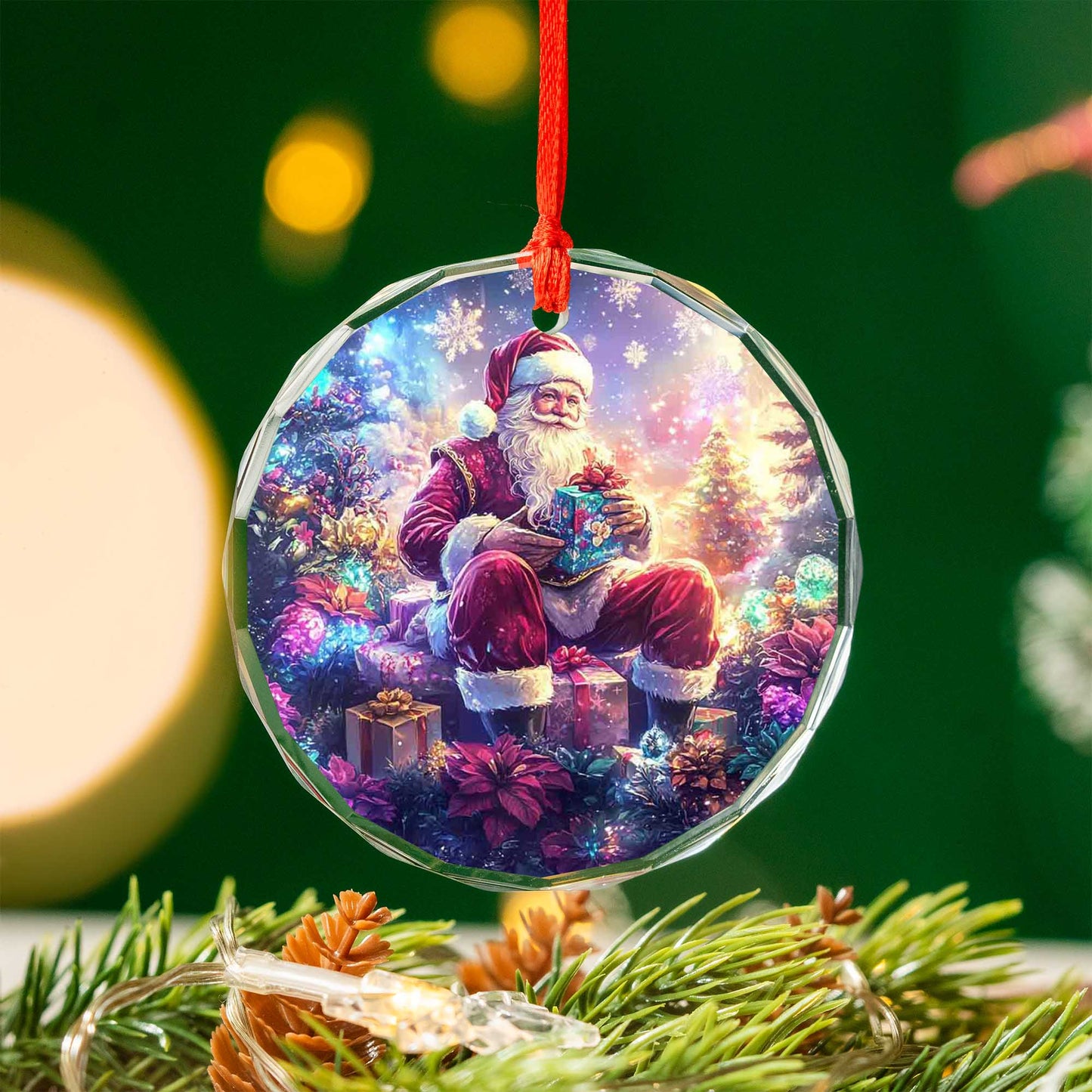 Netecom Santa Claus with Gift Glass Ornament – Christmas Tree Decoration, Holiday Keepsake, 3 in