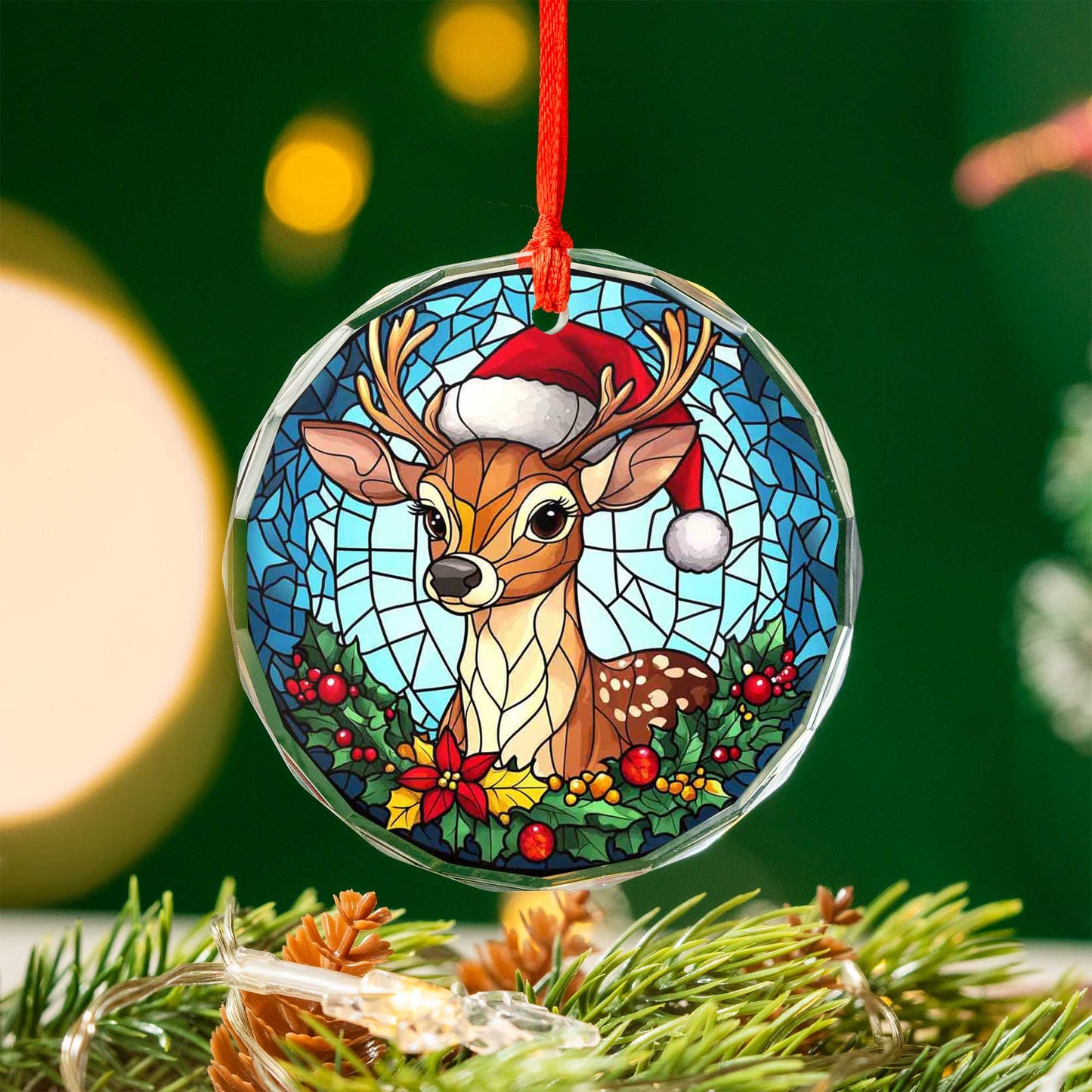 Netecom Reindeer with Santa Hat Stained Glass Ornament – Holiday Christmas Tree Decoration, 3-Inch Keepsake