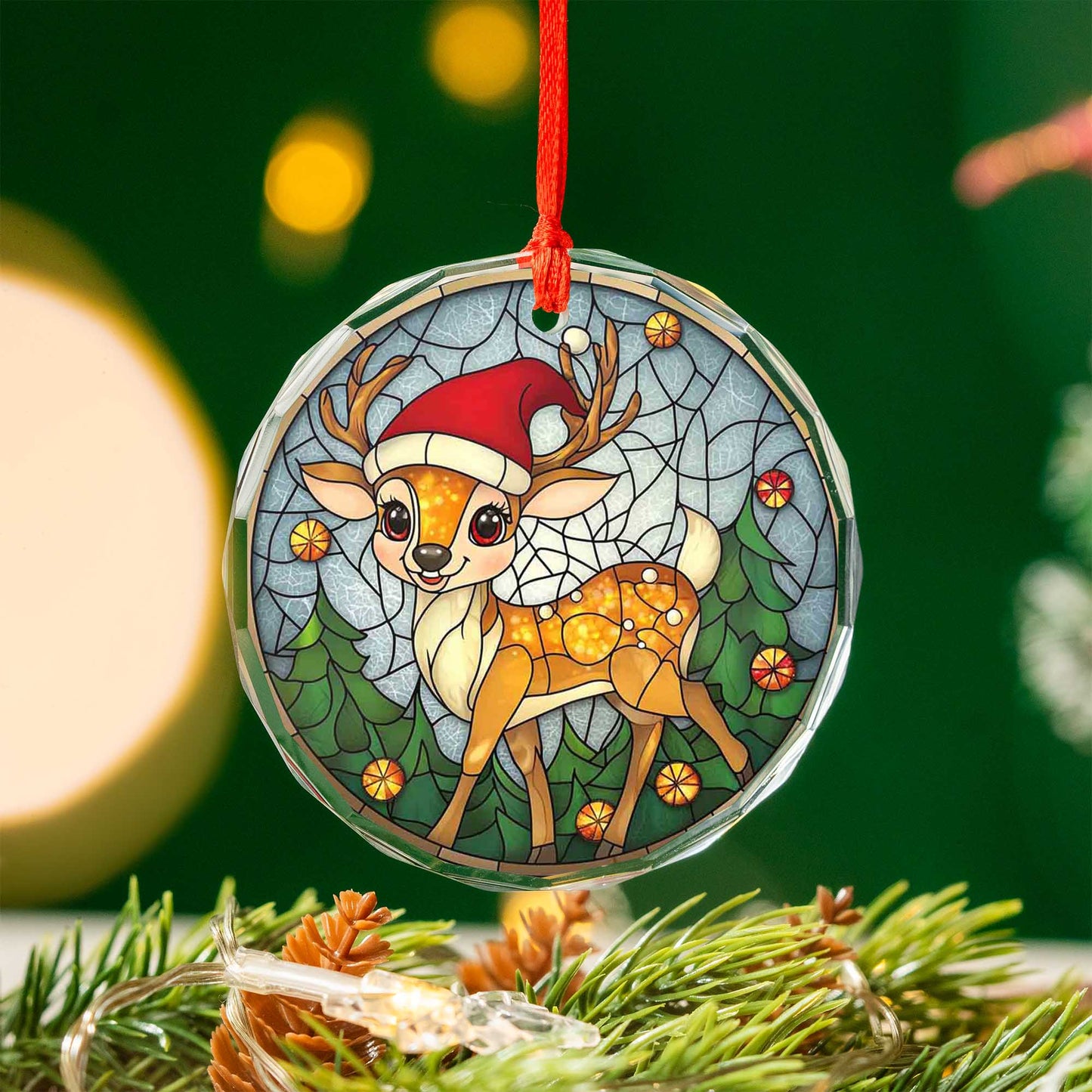 Netecom Christmas Reindeer with Santa Hat Glass Ornament – Festive Tree Decoration, 3-Inch Holiday Keepsake