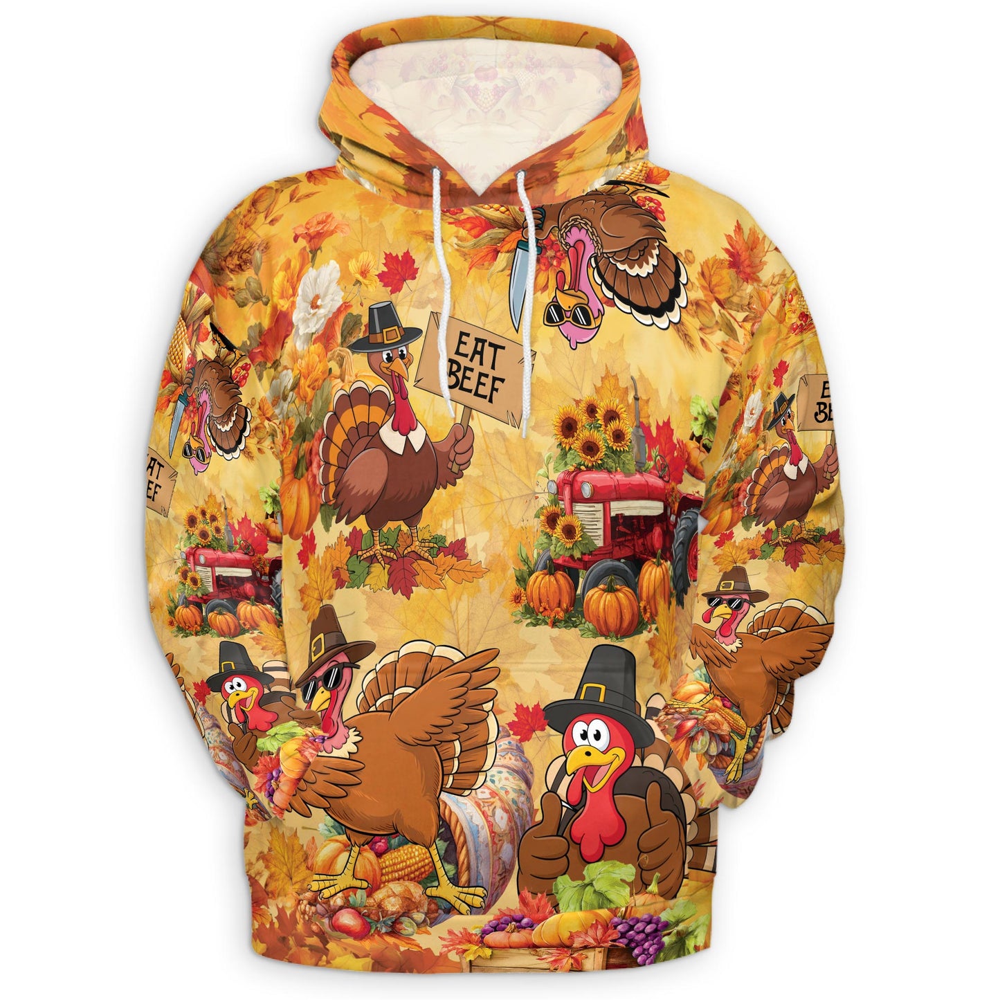Netecom Funny Thanksgiving Turkey 3D Hoodie with Front Pocket, Unisex Casual All Over Eat Beef Graphic Sweatshirt