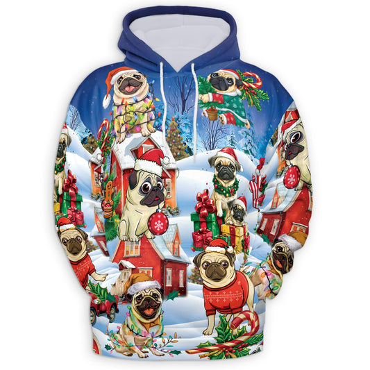 Netecom Funny Pug Christmas 3D Hoodie with Front Pocket, Unisex Casual All Over Cute Dog Holiday Graphic Sweatshirt