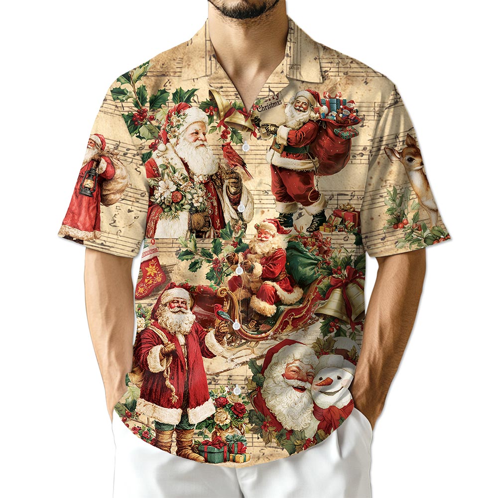 Netecom Vintage Santa Claus Christmas Hawaiian Shirt, Musical Holiday Button Down Summer Beach Short Sleeve Shirt, S-5XL
