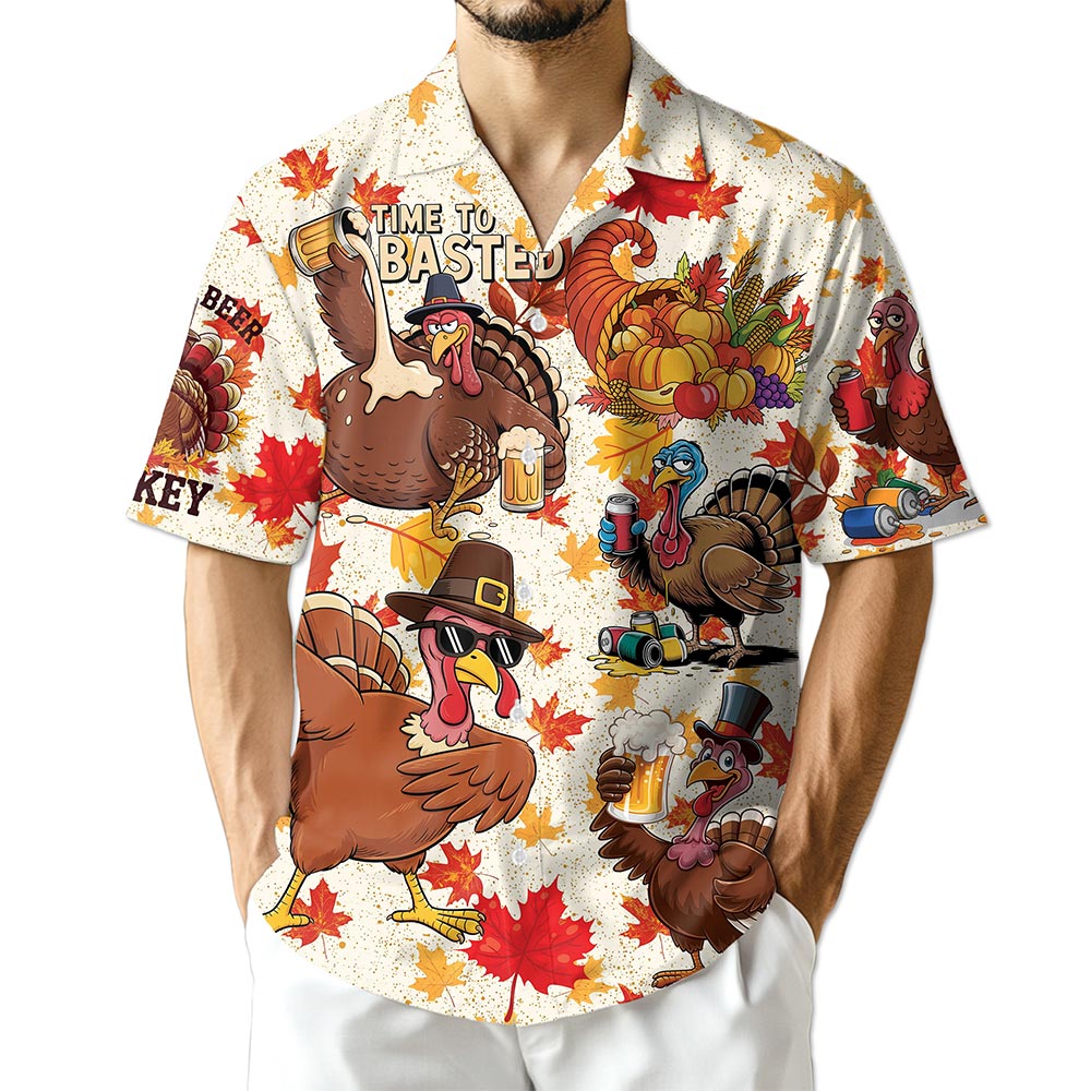 Netecom Happy Turkey Day Thanksgiving Hawaiian Shirt for Men Women, Turkey Drink Beer Button Down Shirts, S-5XL