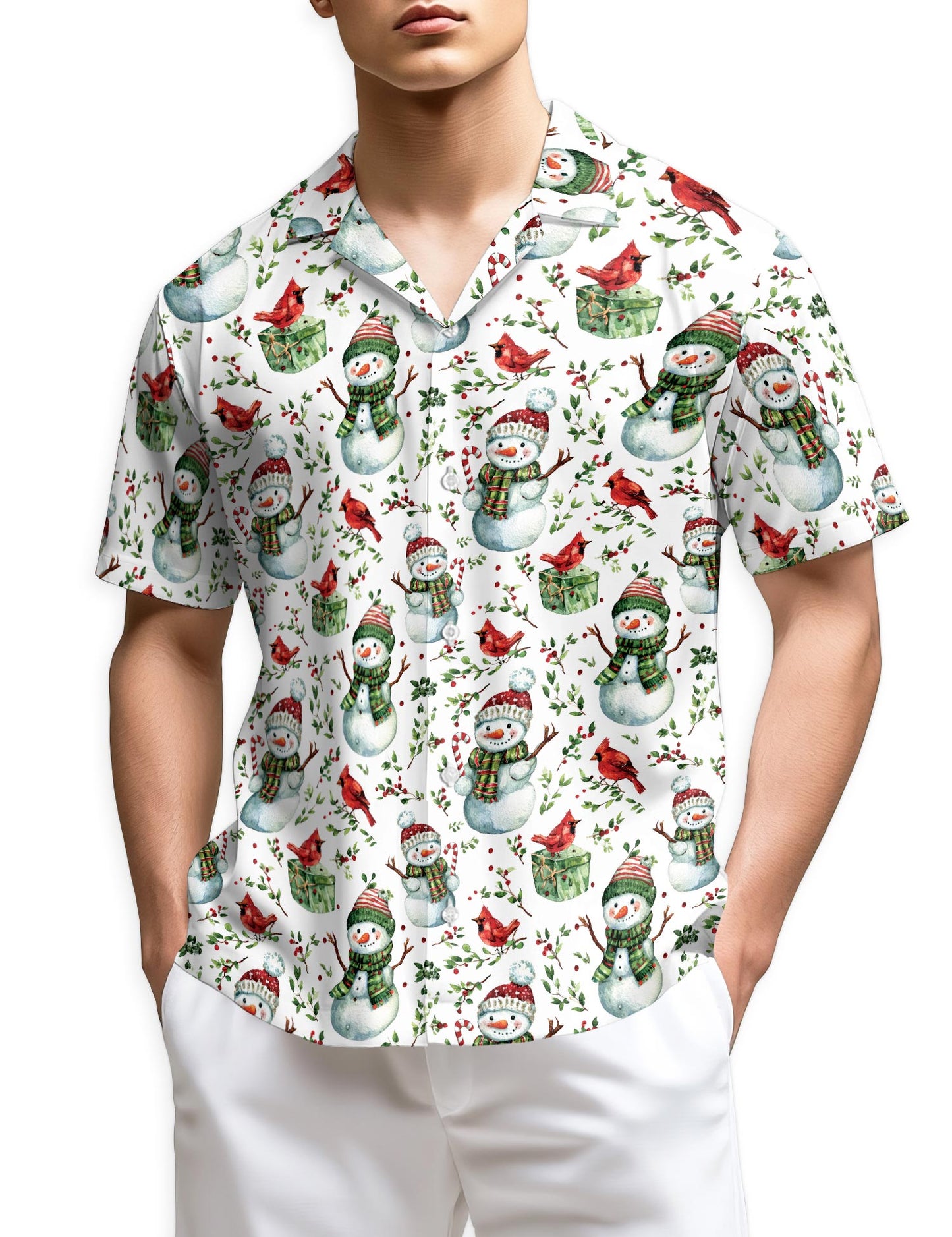 Netecom Snowman and Red Cardinal Christmas Hawaiian Shirt for Men, Cute Holiday Button Down Summer Beach Shirts, S-5XL