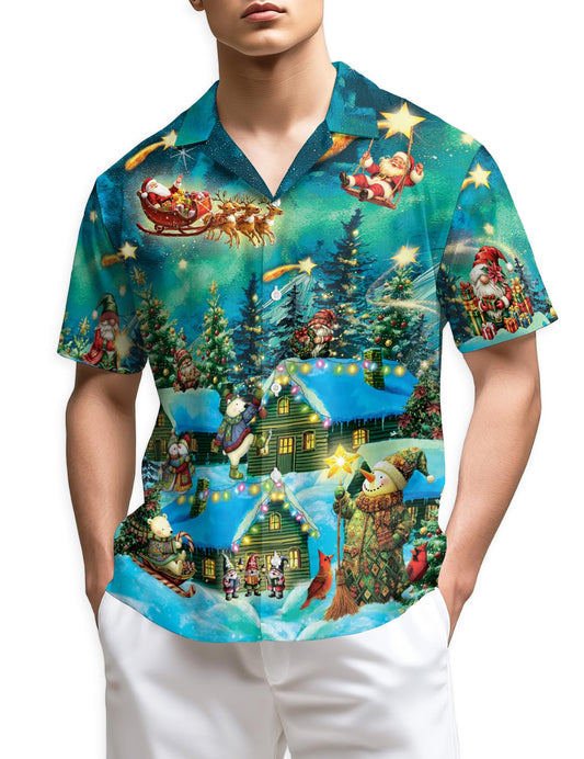 Netecom Magical Christmas Night Scene Hawaiian Shirt, Whimsical Santa Snowman Holiday Button Down Summer Beach Shirts, S-5XL
