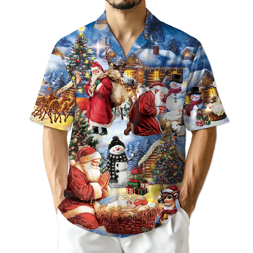 Netecom Christmas Nativity Hawaiian Shirt, Santa Claus Jesus Holiday Button Down Summer Beach Short Sleeve Shirts, S-5XL