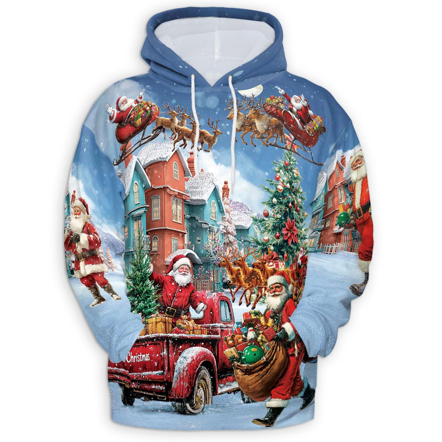 Netecom Santa Claus Christmas Print Hoodie with Front Pocket, All Over Graphic Funny Holiday Sweatshirt Unisex Casual