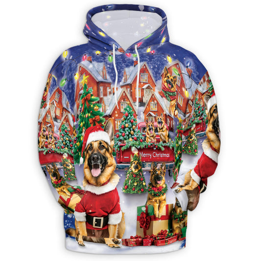 Netecom German Shepherd Christmas Print Hoodie with Front Pocket, All Over Festive Dog Graphic Sweatshirt Unisex Casual