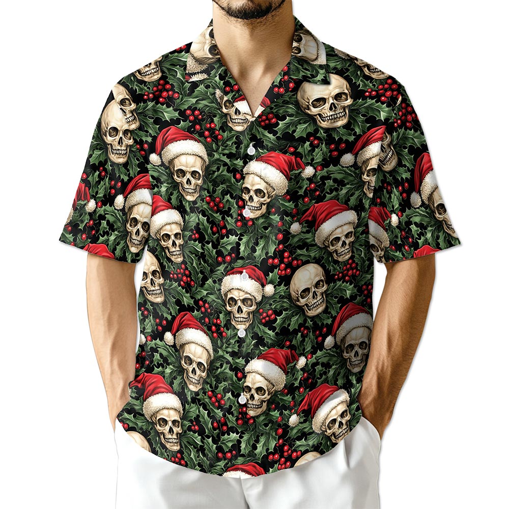 Netecom Skull Santa Hat Christmas Hawaiian Shirt for Men, Gothic Holiday Button Down Summer Beach Short Sleeve Shirts, S-5XL