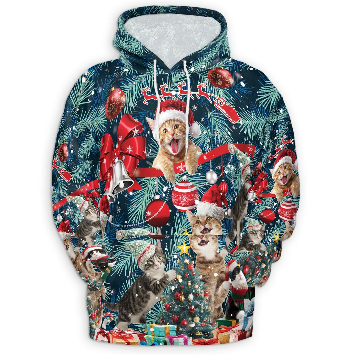 Netecom Christmas Cat 3D Hoodie with Front Pocket, Unisex Casual All Over Funny Kitten Santa Graphic Sweatshirt
