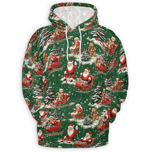Netecom Funny Santa Sleigh Christmas 3D Hoodie with Front Pocket, Unisex Casual All Over Xmas Graphic Sweatshirt