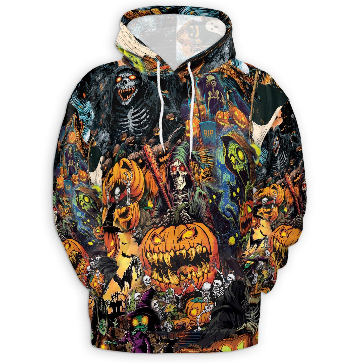 Netecom Spooky Skeleton Halloween 3D Hoodie with Front Pocket, Unisex Casual All Over Pumpkin Graphic Sweatshirt