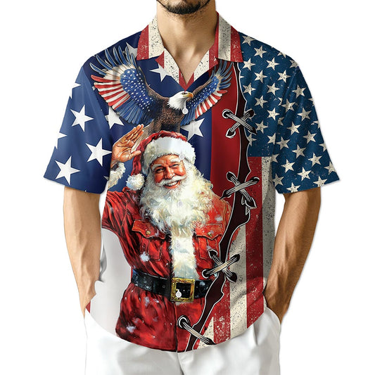 Netecom Patriotism American Christmas Hawaiian Shirt for Men, Santa Eagle USA Flag Button Down Summer Beach Shirts, S-5XL